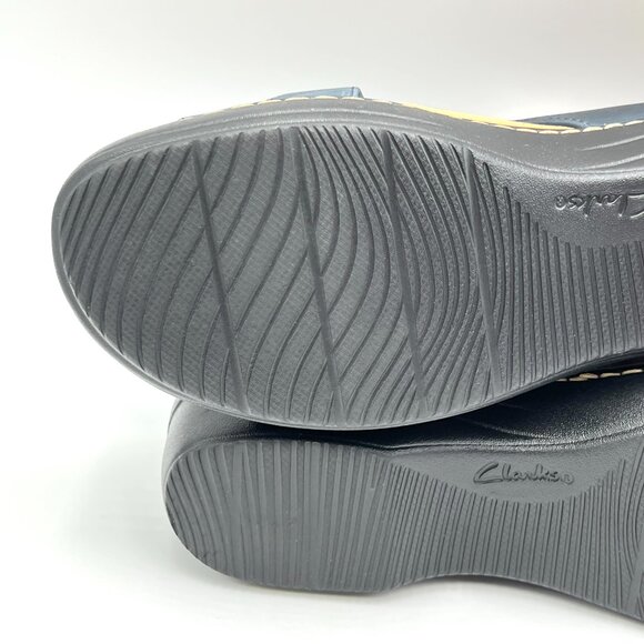 Clarks Womens Size 12‎ Merliah Echo Navy Blue Leather Low Wedges Sandals Shoes - Picture 10 of 14